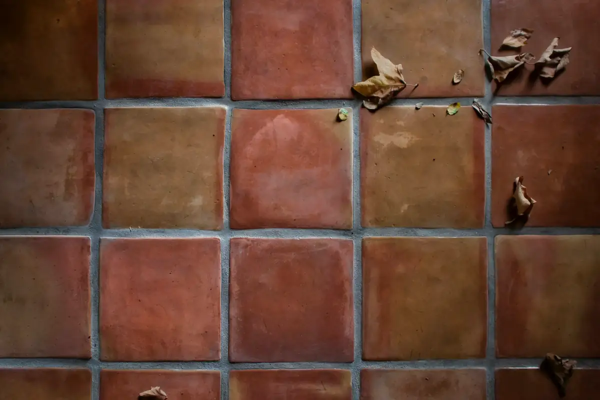 Grands carreaux de terre cuite aux joints gris, quelques feuilles sèches posées dessus